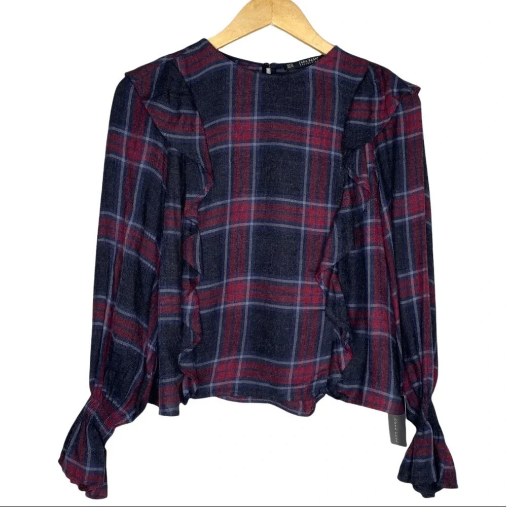 ✨NWT Zara Gray Red Plaid Flannel Long Sleeve Ruffle Trim Blouse Top Size XS - Picture 2 of 11